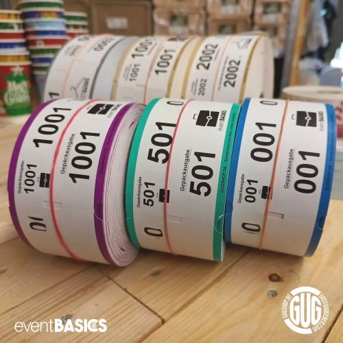 Preview: Garderobenmarken selbstklebend Papier Rolle - Logodruck - drei Abschnitte, perforiert